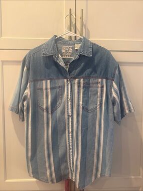 Vtg 90s Andrews Blues Denim Western Shirt L Pearl Snap Striped Colorblock Large